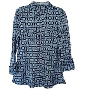 Charter Club Womens Blue Shirt Geometric Boho Collared Long Sleeve Size S